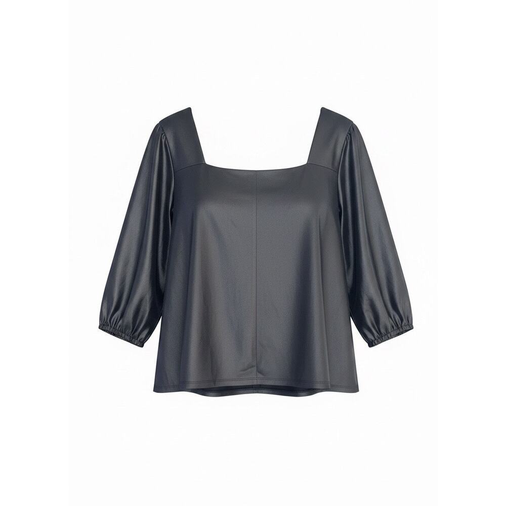 S.C. Society XL Black Satin Square Neck Puff Sleeve Blouse Romantic Top